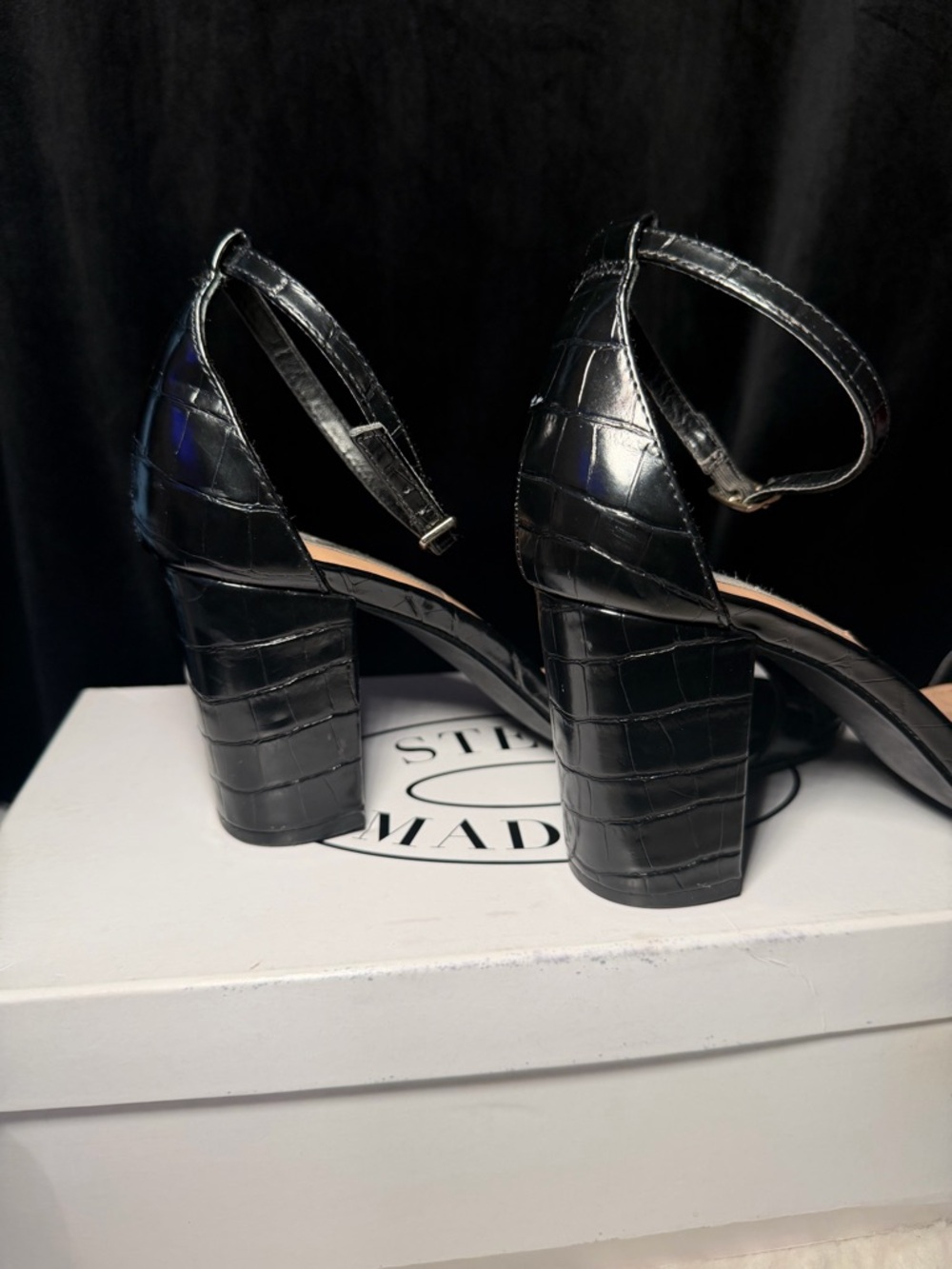 Steve Madden Black Croc-Embossed Ankle Strap Block Heel Sandals - Picture 10 of 11